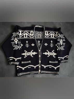 Vintage hand knit 100% Wool Unisex Cardigan Cowichan Style Southwestern L/XL
